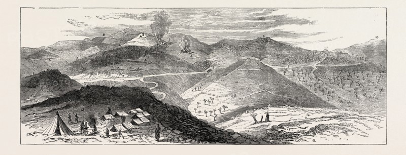 THE CIVIL WAR IN SPAIN: VIEW OF THE LEFT-HAND POSITIONS OF THE CARLIST LINES: SKETCHED FROM THE BATTERY OF SAN LORENZO, 1874