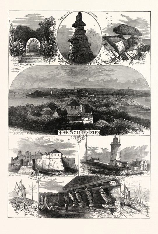 SKETCHES IN THE SCILLY ISLES, 1874. CHRYSALIS ROCK, STAR CASTLE, ST. AGNES LIGHTHOUSE, SUMMER HOUSE, TRESCO ABBEY