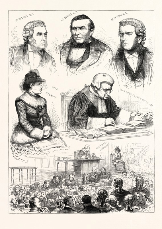 SKETCHES IN THE ROYAL COURTS OF JUSTICE: AN INTERESTING TRIAL. 1883. MR. RUSSELL, Q.C.; MR. BIGGAR, M.P.; MR. CLARKE, Q.C.; MISS HYLAND; LORD CHIEF JUSTICE COLERIDGE; MISS HYLAND EXAMINED.