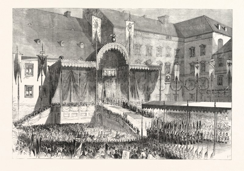 THE CORONATION OF THE KING AND QUEEN OF PRUSSIA: THE PROCLAMATION IN THE COURTYARD OF THE SCHLOSS, KONIGSBERG, 1861