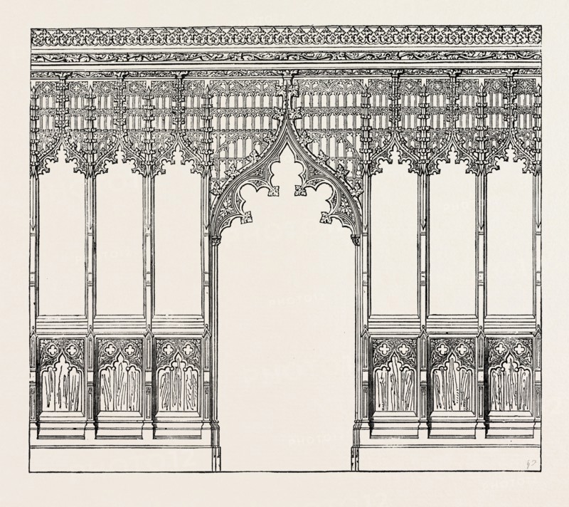 GOTHIC SCREEN. BY BINGHAM, IPSWICH. DESIGNED BY MR. T. CLARKE. 1851