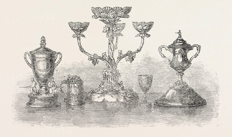 FIRST SURREY RIFLES PRIZES: THE LADIES' CHALLENGE CUP. LIEUT. PUCKLE'S PRIZE. MISS ELLIOTSON'S PRIZE. LIEUT. GUDGEON'S PRIZE. CHALLENGE CUP PRESENTED BY LIEUT.-COL. MACDONALD. 1861