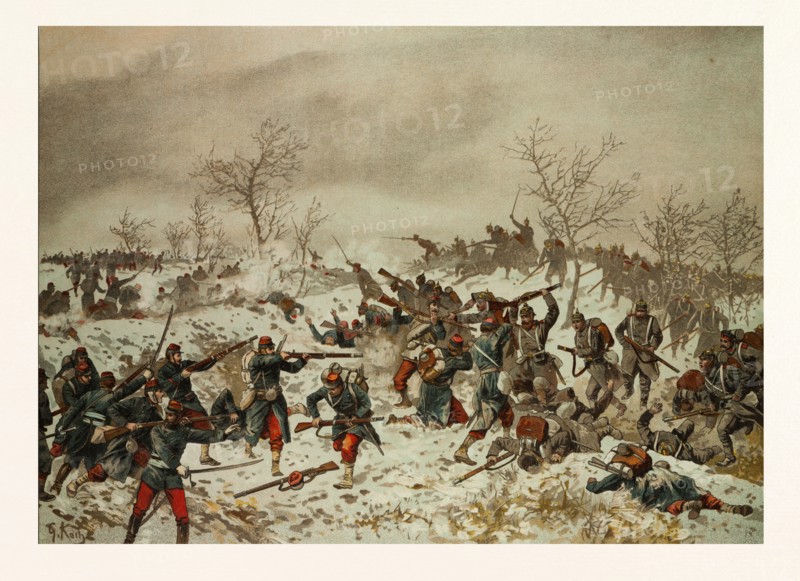 BATTLE BEFORE LE MANS-CHAMPAGNE ON THE 11TH OF JANUARY 1871. The Franco-Prussian War or Franco-German War, often referred to in France as the War of 1870. Georg Koch (1857-1936) was a very well-known German painter, woodcut and lithograph artist of the late 19th - early 20th century. Pupil of his father Carl Koch, he also studied at the Berlin Academy.