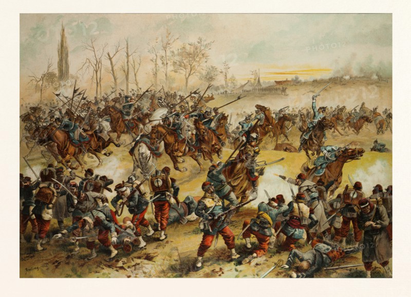 FROM THE BATTLE OF ST. QUENTIN ON THE 19TH OF JANUARY 1871. GERMAN CAVALRY CHARGING AT A FRENCH DEFENSIVE LINE. The Franco-Prussian War or Franco-German War, often referred to in France as the War of 1870. Amling, Franz, German painter, 1853 in Trier, 1894 in Schleissheim, student of Hasselhorst at the StÃ¤del Institute at Frankfurt a. M. In 1884 he went to Munich. He painted genre scenes and popular military