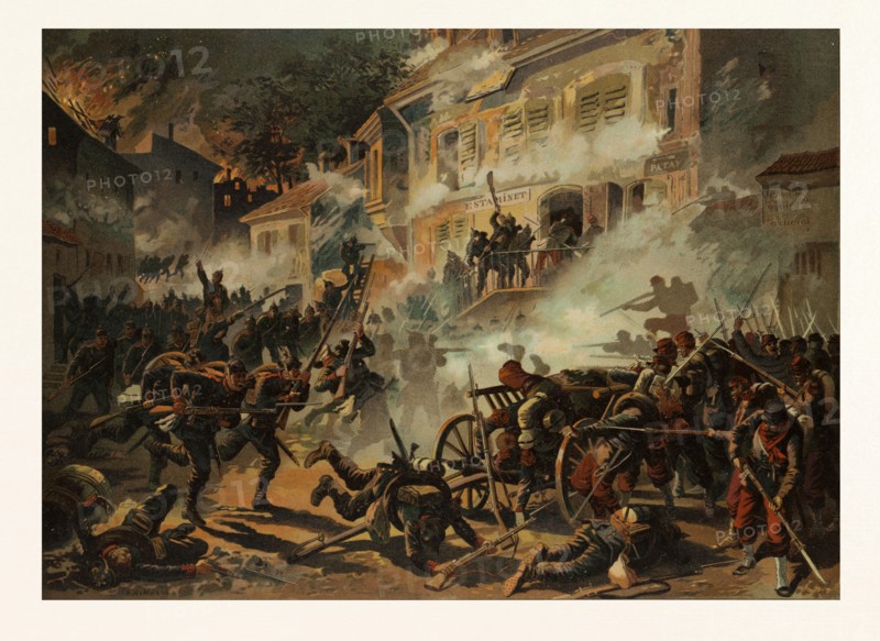 STORMING OF CHATEAUDUN ON THE 8TH OF OCTOBER, 1870, BY THE 22ND INFANTRY DIVISION (43RD BRIGADE). The Franco-Prussian War or Franco-German War, often referred to in France as the War of 1870. Anton Hoffmann (10. April 1863 in Bayreuth; 1938 in Munich) was a German painter and illustrator