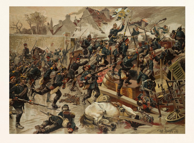 STORMING OF THE GREAT BARRICADE AT THE ENTRANCE OF LE BOURGET BY THE 3RD GARDE-GRENADIER REGIMENT "QUEEN ELISABETH" ON THE 30TH OF OCTOBER, 1870. The Franco-Prussian War or Franco-German War, often referred to in France as the War of 1870. CHRISTIAN GEORG SPEYER, 1855 Vorbachzimmern - 1929 Stuttgart. German Painter and illustrator, a professor at the Stuttgart Academy of Arts (1901-1924).
