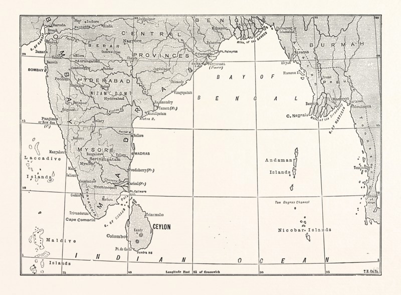 MAP OF LOWER INDIA AND CEYLON, SRI LANKA