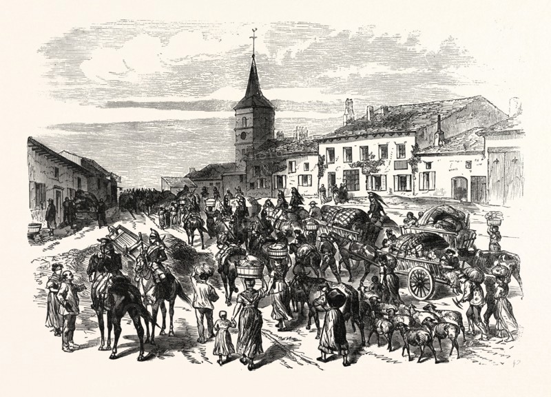 Franco-Prussian War: Withdrawal of the second Corps of the Army of the Rhine by Ars-Laquenexy, on the road to Metz. The rural population fled after the battle of Forbach, Moselle, Lorraine, France