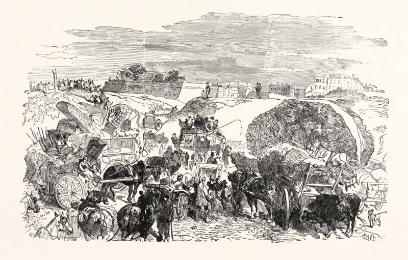 Franco-Prussian War: Residents of the Zollinie flee, to government orders, their belongings tol Paris. The Thor Maillot, France