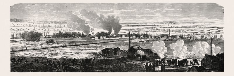 Franco-Prussian War: View of the plane at Le Bourget on 23 December 1870. From left to right: Dugny, Pont Iblon, German troops, Le Bourget, train to Goiffons, Blanc Mesnil, Road to Flanders, France