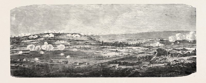 Franco-Prussian War: The bombardment of Paris. General view taken of the German positions from Chatillon to Meudon, of the Paris ramparts. From left to right: Chatillon, Fort Vanves, plateau of Chatillon, German batteries, Clamart, French battery, station of Clamart, Fort Iffy, Vanves, railway to Versailles, France