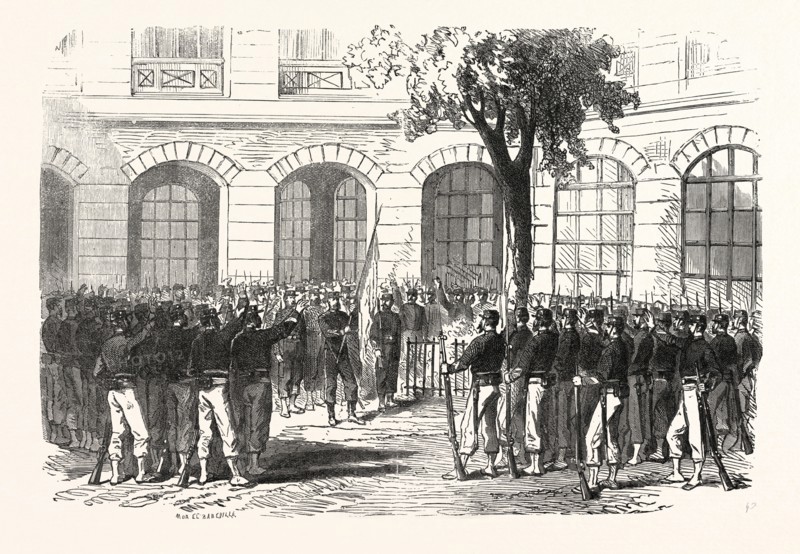 Franco-Prussian War: francs-tireurs of Paris pledge allegiance to their commander Aronsohn and to the flag, to conquer or die. France