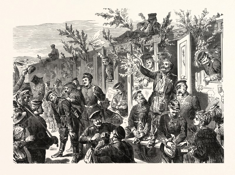 Franco-Prussian War: German troops on their way to France. Stopping at a railway station near the Rhine, Germany