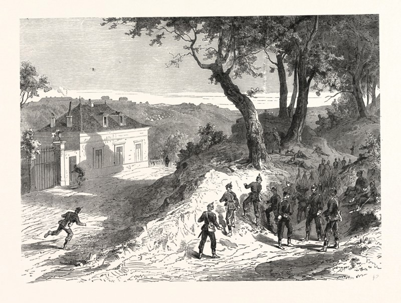 Franco-Prussian War: Picket below Noisy le Grand in front of Fort Nogent. From left to right: Fort Nogent, French Camp, Fort Rosny, suburbs of Paris, France