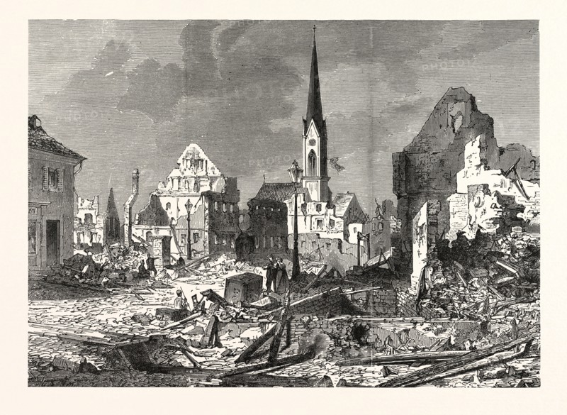 Franco-Prussian War: The devastation in the main street of Kehl, an open city by, French batteries Strasbourg. The best evidence of how the French respected international law, and their protests against the bombing of the city of Paris