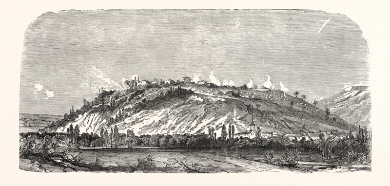 Franco-Prussian War: The north side of Mont d'Avron during the bombardment by the Germans on 27 December 1870. From left to right: Noisy le Grand, Avron, Villemomble, Fort de Rosny, France