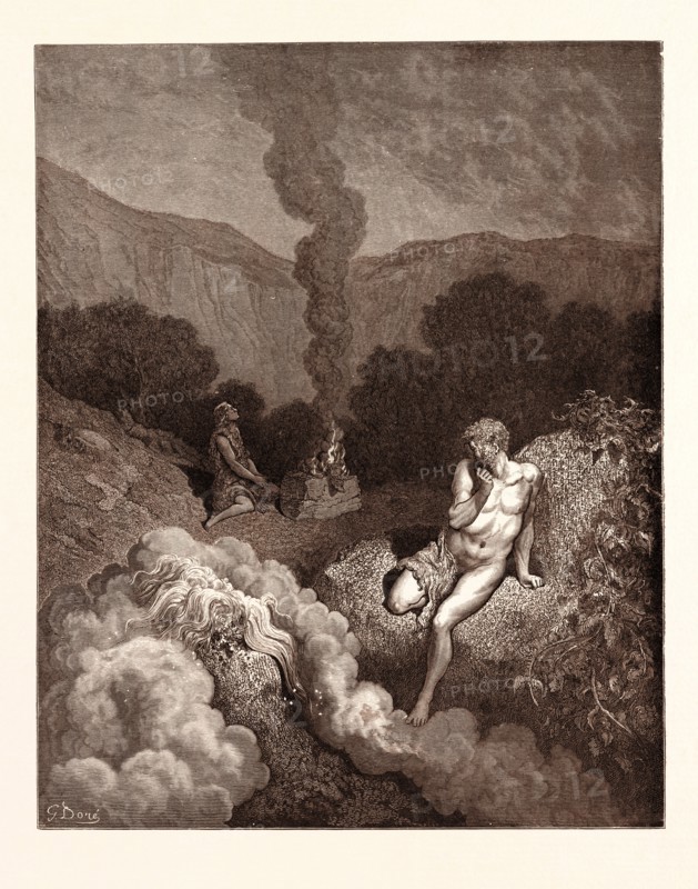 CAIN AND ABEL OFFERING THEIR SACRIFICES, BY Gustave Doré. Gustave Dore, 1832 - 1883, French. Engraving for the Bible. romanticism, colour, color engraving.