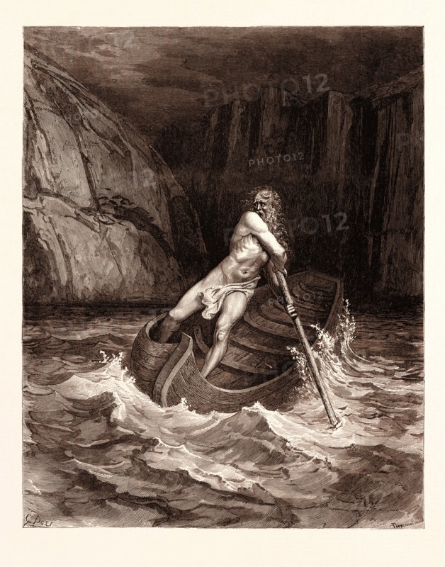 CHARON, the ferryman of Hell, 1861  BY Gustave Doré. Gustave Dore, 1832 - 1883, French. Engraving for the Inferno by Dante. romanticism, colour, color engraving.