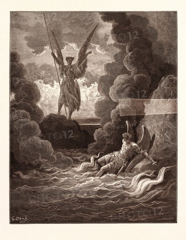 SATAN AND BEELZEBUB, BY Gustave Doré. Dore, 1832 - 1883, French. Engraving for Paradise Lost by Milton. romanticism, colour, color engraving