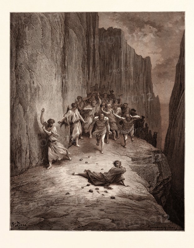 THE MARTYRDOM OF ST. STEPHEN, BY Gustave Doré.  Dore, 1832 - 1883, French. Engraving for the Purgatorio by Dante. Art, Artist, romanticism, colour, color engraving