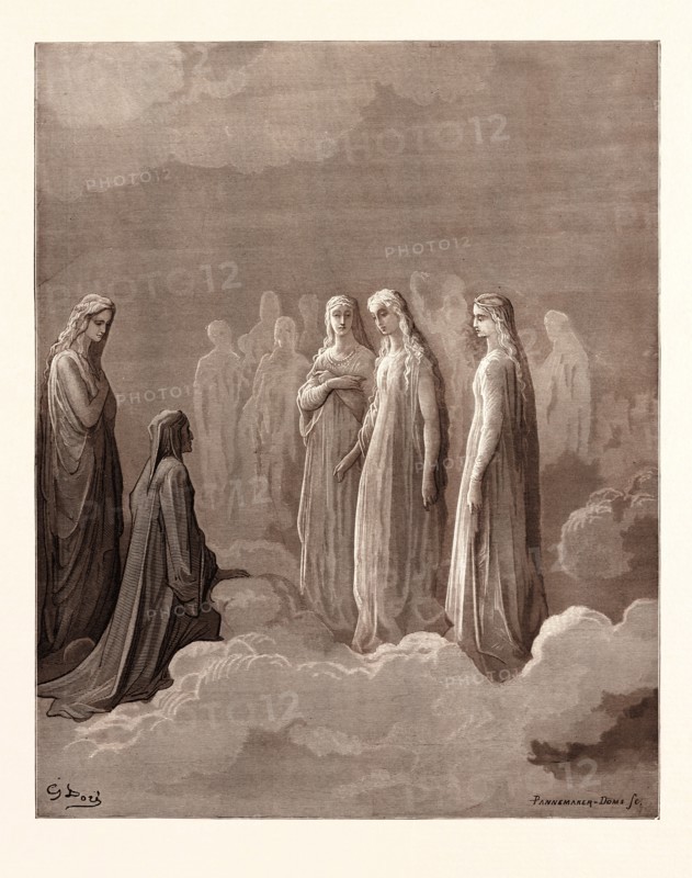 DANTE AND THE SPIRITS OF THE MOON, BY Gustave Doré. Dore, 1832 - 1883, French. Engraving for Paradiso by Dante. 1870, Art, Artist, romanticism, colour, color engraving