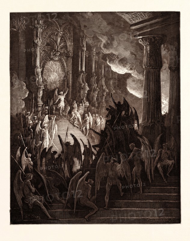 SATAN IN COUNCIL, BY Gustave Doré. Dore, 1832 - 1883, French. Engraving for Paradise Lost by Milton. 1870, Art, Artist, romanticism, colour, color engraving