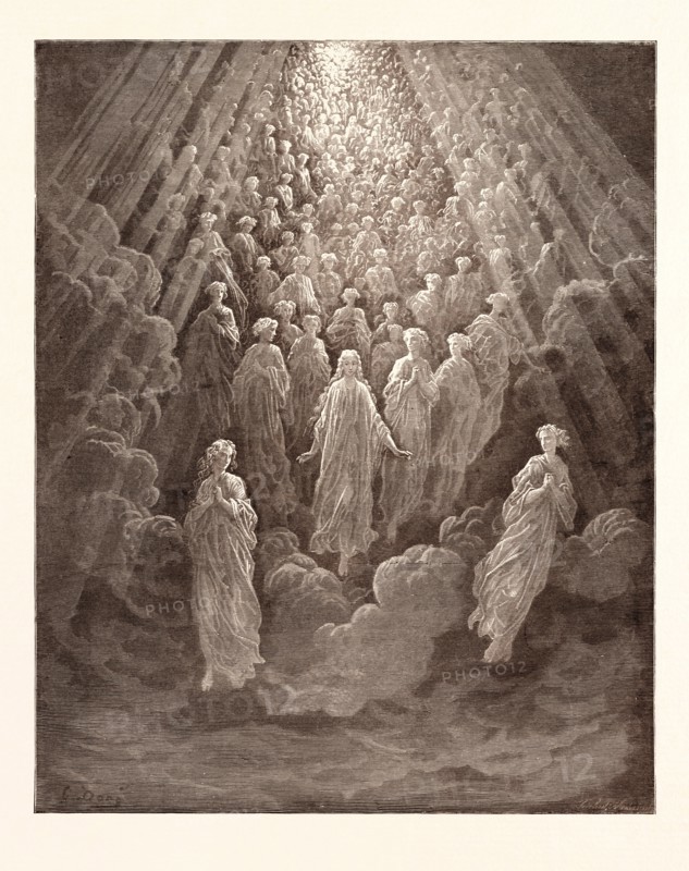 THE ANGELS IN THE PLANET MERCURY, BY Gustave Doré. Dore, 1832 - 1883, French. Engraving for Paradiso by Dante. 1870, Art, Artist, romanticism, colour, color engraving