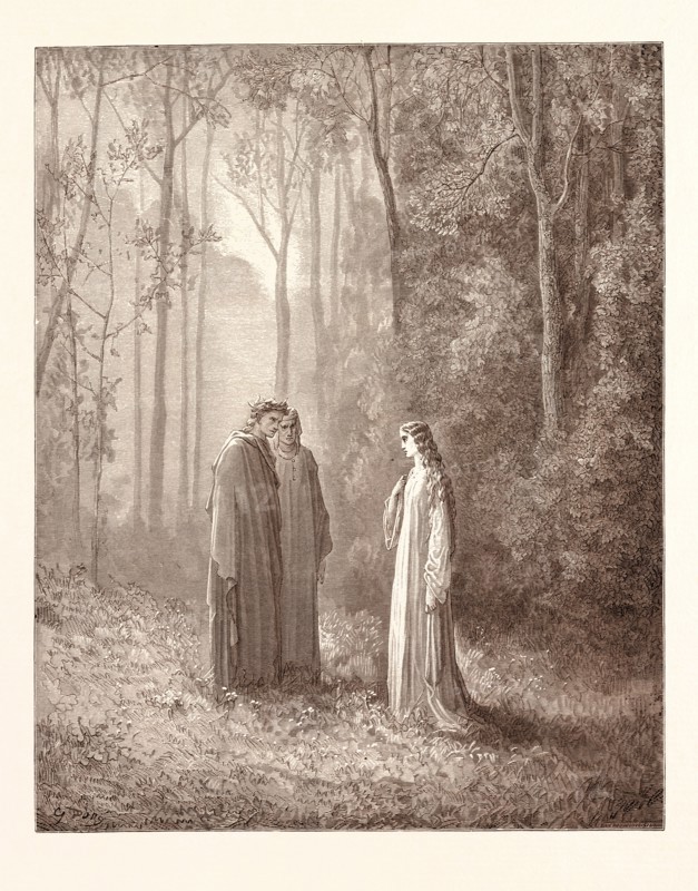 PIA IN PURGATORY, BY Gustave Doré. Dore, 1832 - 1883, French. Engraving for the Purgatorio by Dante. 1870, Art, Artist, romanticism, colour, color engraving