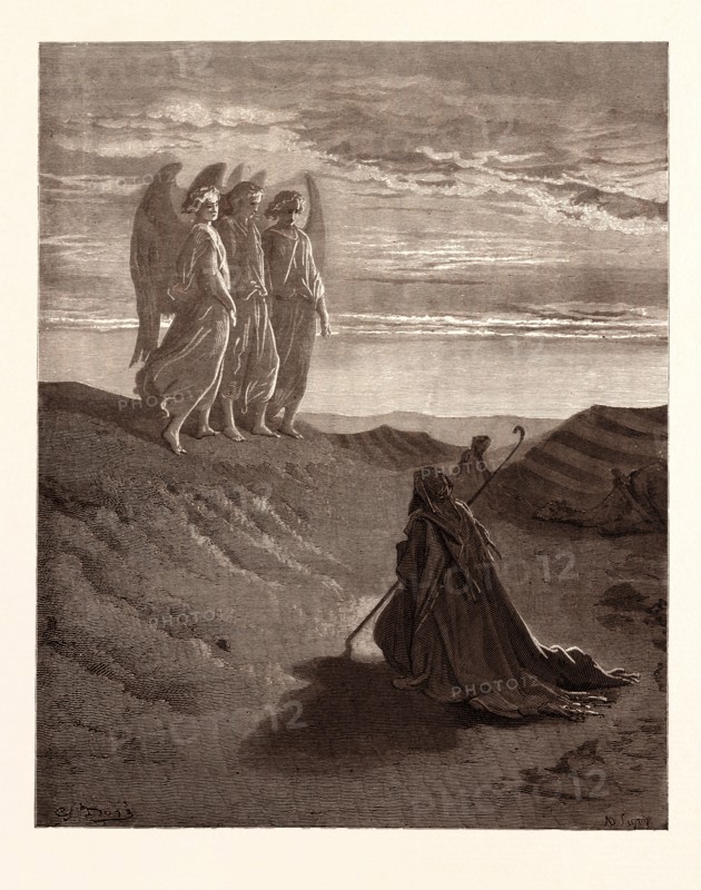 ABRAHAM AND THE THREE ANGELS, BY Gustave Doré. Dore, 1832 - 1883, French. Engraving for the Bible. 1870, Art, Artist, holy book, religion, religious, christianity, christian. romanticism, colour, color engraving