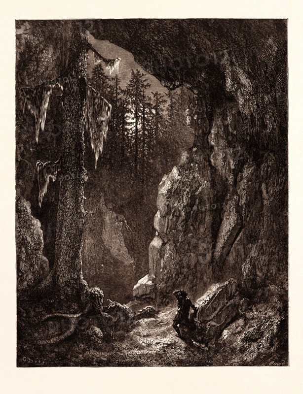 CHACTAS SEEKING FOR THE GRAVES OF FATHER AUBRY AND ATALA, BY Gustave Doré. Dore, 1832 - 1883, French. Engraving for Atala by Chateaubriand. 1870, Art, Artist, romanticism, colour, color engraving