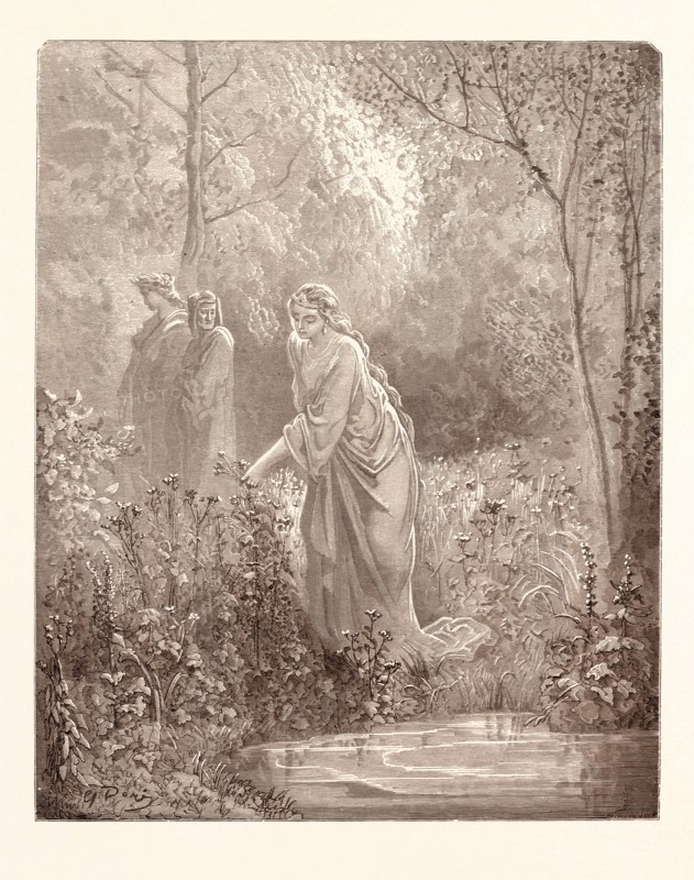 DANTE'S VISION OF LEAH, BY Gustave Doré. Dore, 1832 - 1883, French. Engraving for the Purgatorio by Dante. 1870, Art, Artist, romanticism, colour, color engraving