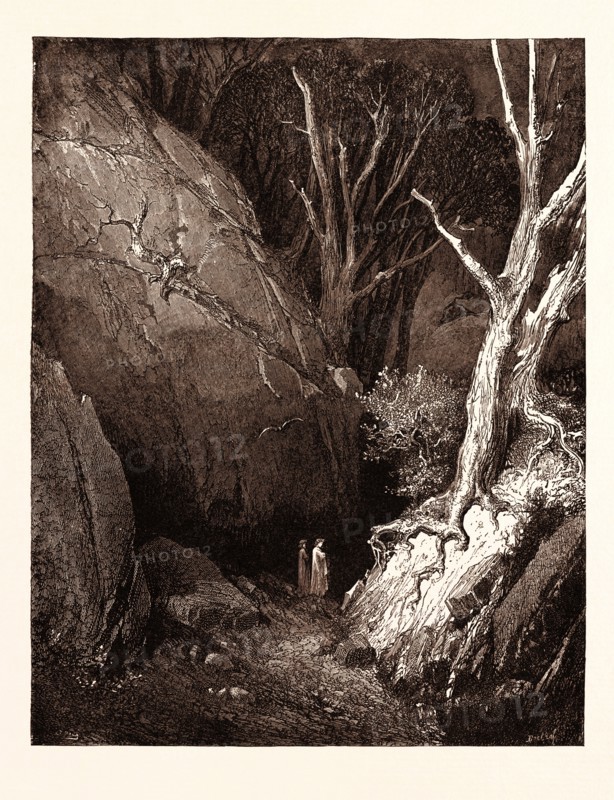 DANTE AND HIS GUIDE, BY Gustave Doré. Dore, 1832 - 1883, French. Engraving for the Inferno by Dante. Wood engraving by Boetzal after Dore, with both signatures in the print, 1870, romanticism, colour, color engraving