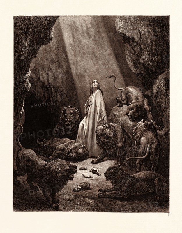 DANIEL IN THE DEN OF LIONS, BY GUSTAVE DORE, 1832 - 1883, French. Engraving for the Bible. 1870, Art, Artist, holy book, religion, religious, christianity, christian. Wood engraving by Antoine Alphee Piaud after Gustave Dore, with signatures in the print. romanticism, colour, color engraving