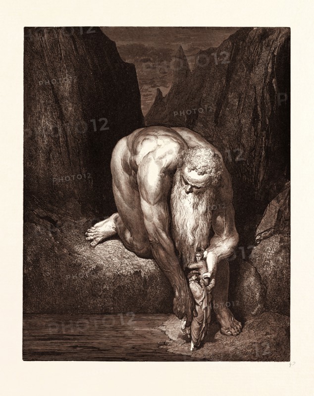 THE GIANT ANTAEUS, BY GUSTAVE DORE, 1832 - 1883, French. Engraving for the Inferno by Dante. 1870, Art, Artist, romanticism, colour, color engraving