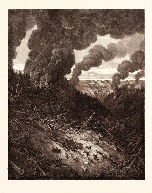 THE FIRE IN THE FOREST, BY Gustave Doré. Dore, 1832 - 1883, French. Engraving for Atala by Chateaubriand. 1870, Art, Artist, romanticism, colour, color engraving