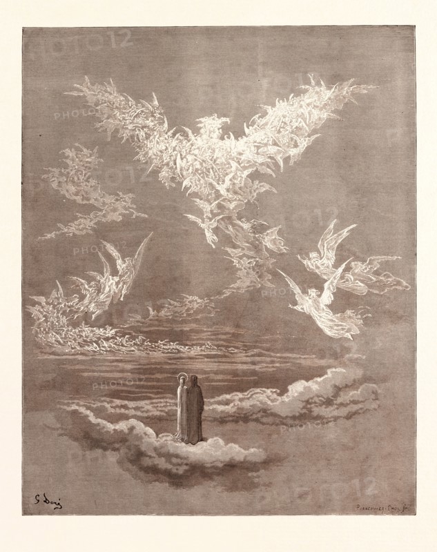 THE VISION OF THE SIXTH HEAVEN, BY Gustave Doré. Dore, 1832 - 1883, French. Engraving for Paradiso by Dante. Wood engraving by Pannemaker and Doms after Gustave Dore, with signatures in the print, 1870, romanticism, colour, color engraving