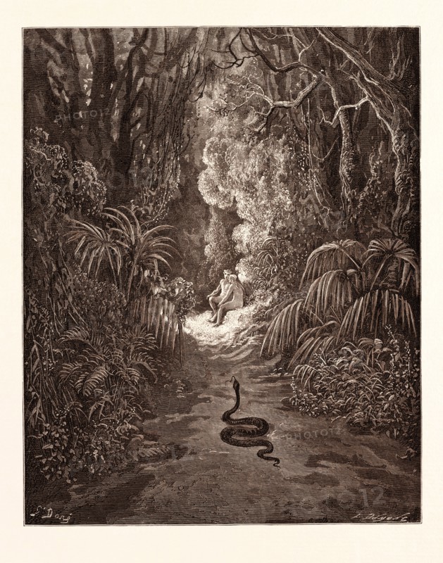 THE FIRST APPROACH OF THE SERPENT, BY Gustave Doré. Dore, 1832 - 1883, French. Engraving for Paradise Lost by Milton. Wood engraving by Dumont after Gustave Dore, with signatures in the print. romanticism, colour, color engraving