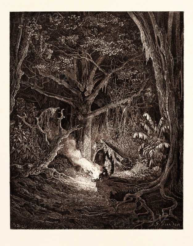 THE CAMP FIRE OF ATALA AND CHACTAS, BY Gustave Doré. Gustave Dore, 1832 - 1883, French. Engraving for Atala by Chateaubriand. Wood engraving by F. Pierdon after Gustave Dore, with signatures in the print. romanticism, colour, color engraving