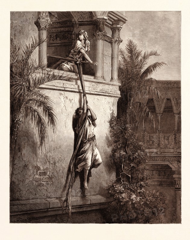 THE ESCAPE OF DAVID THROUGH THE WINDOW, BY Gustave Doré. Gustave Dore, 1832 - 1883, French. Engraving for the Bible. holy book, religion, religious, christianity, christian. Wood engraving by Pannemaker and Doms after Gustave Dore, with signatures in the print, 1870, romanticism, colour, color engraving
