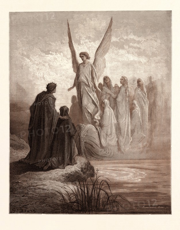 THE BOAT OF SOULS, BY Gustave Doré. Gustave Dore, 1832 - 1883, French. Engraving for the Purgatorio by Dante. Wood engraving by Pannemaker and Doms after Gustave Dore, with signatures in the print, 1870, romanticism, colour, color engraving