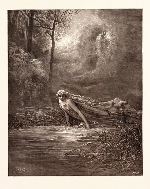 DANTE AND THE RIVER OF LETHE, BY Gustave Doré. Gustave Dore, 1832 - 1883, French. Engraving for the Purgatorio by Dante. Wood engraving by Heliodore Joseph Pisan after Gustave Dore, with signatures in the print, 1870, Art, Artist, romanticism, colour, color engraving