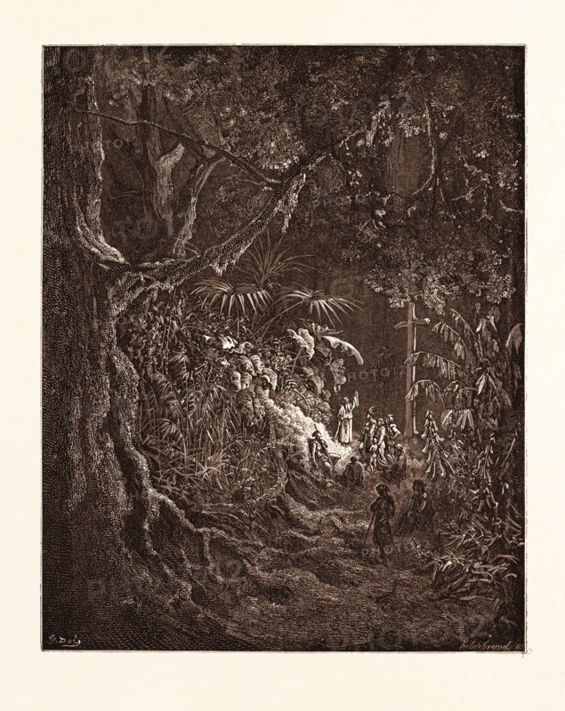 THE HERMIT PREACHING IN THE WOODS, BY GUSTAVE DORE. Gustave Dore, 1832 - 1883, French. Engraving for Atala by Chateaubriand. Wood engraving by Hildibrand after Gustave Dore, with signatures in the print. romanticism, colour, color engraving