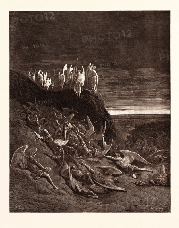 THE WAR IN HEAVEN, BY Gustave Doré. Gustave Dore, 1832 - 1883, French. Engraving for Paradise Lost by Milton. Wood engraving by A. Ligny after Gustave Dore, with signatures in the print. romanticism, colour, color engraving