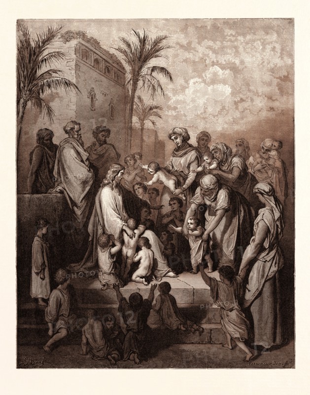 JESUS BLESSING THE CHILDREN, BY Gustave Doré. Gustave Dore, 1832 - 1883, French. Engraving for the Bible. 1870, Art, Artist, holy book, religion, religious, christianity, christian, romanticism, colour, color engraving