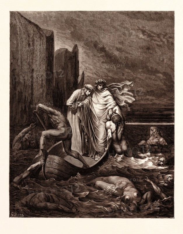 THE SPIRIT OF FILIPPO ARGENTI, BY Gustave Doré. Gustave Dore, 1832 - 1883, French. Engraving for the Inferno by Dante. 1870, Art, Artist, romanticism, colour, color engraving