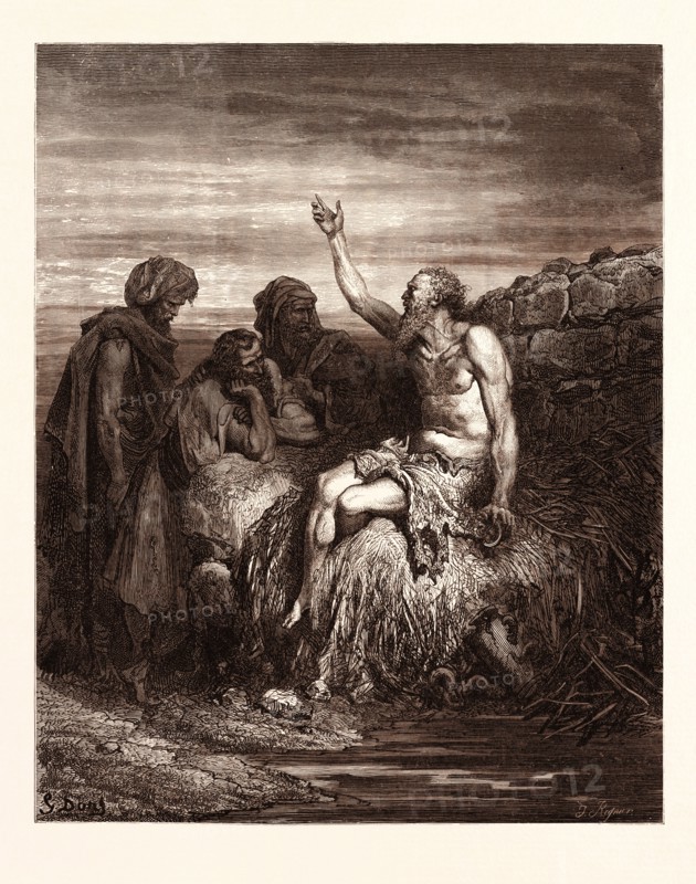 JOB AND HIS FRIENDS, BY Gustave Doré. Gustave Dore, 1832 - 1883, French. Engraving for the Bible. 1870, Art, Artist, holy book, religion, religious, christianity, christian, romanticism, colour, color engraving