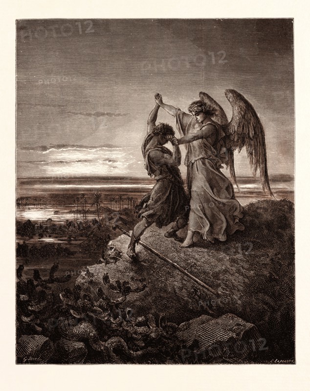 JACOB WRESTLING WITH THE ANGEL, BY Gustave Doré. Gustave Dore, 1832 - 1883, French. Engraving for the Bible. 1870, Art, Artist, holy book, religion, religious, christianity, christian, romanticism, colour, color engraving