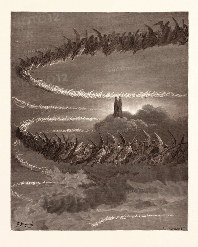 THE SPIRITS IN JUPITER, BY Gustave Doré. Gustave Dore, 1832 - 1883, French. Engraving for the Inferno by Dante. 1870, Art, Artist, romanticism, colour, color engraving