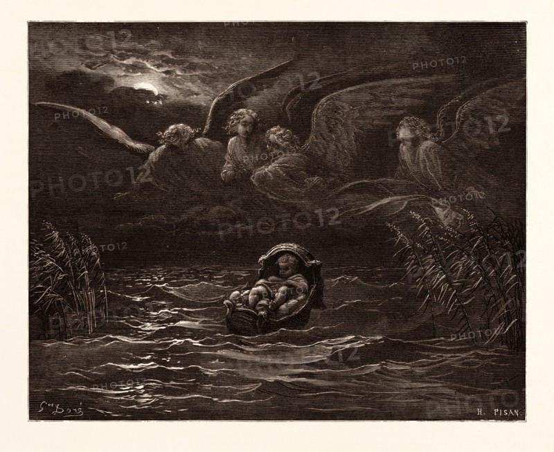 THE CHILD MOSES ON THE NILE, BY Gustave Doré. Gustave Dore, 1832 - 1883, French. Engraving for the Bible. 1870, Art, Artist, holy book, religion, religious, christianity, christian. Wood engraving by Heliodore Joseph Pisan after Gustave Dore, with signatures in the print. romanticism, colour, color engraving