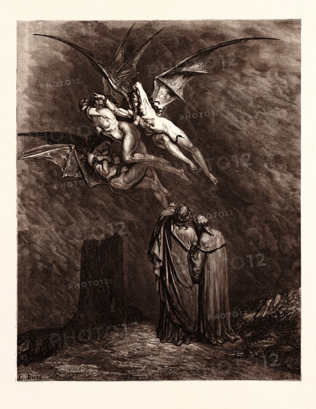 THE FURIES BEFORE THE GATES OF DIS, BY Gustave Doré. Gustave Dore, 1832 - 1883, French. Engraving for The Divine Comedy, Divina Commedia, by Dante. 1870, Art, Artist, romanticism, colour, color engraving
